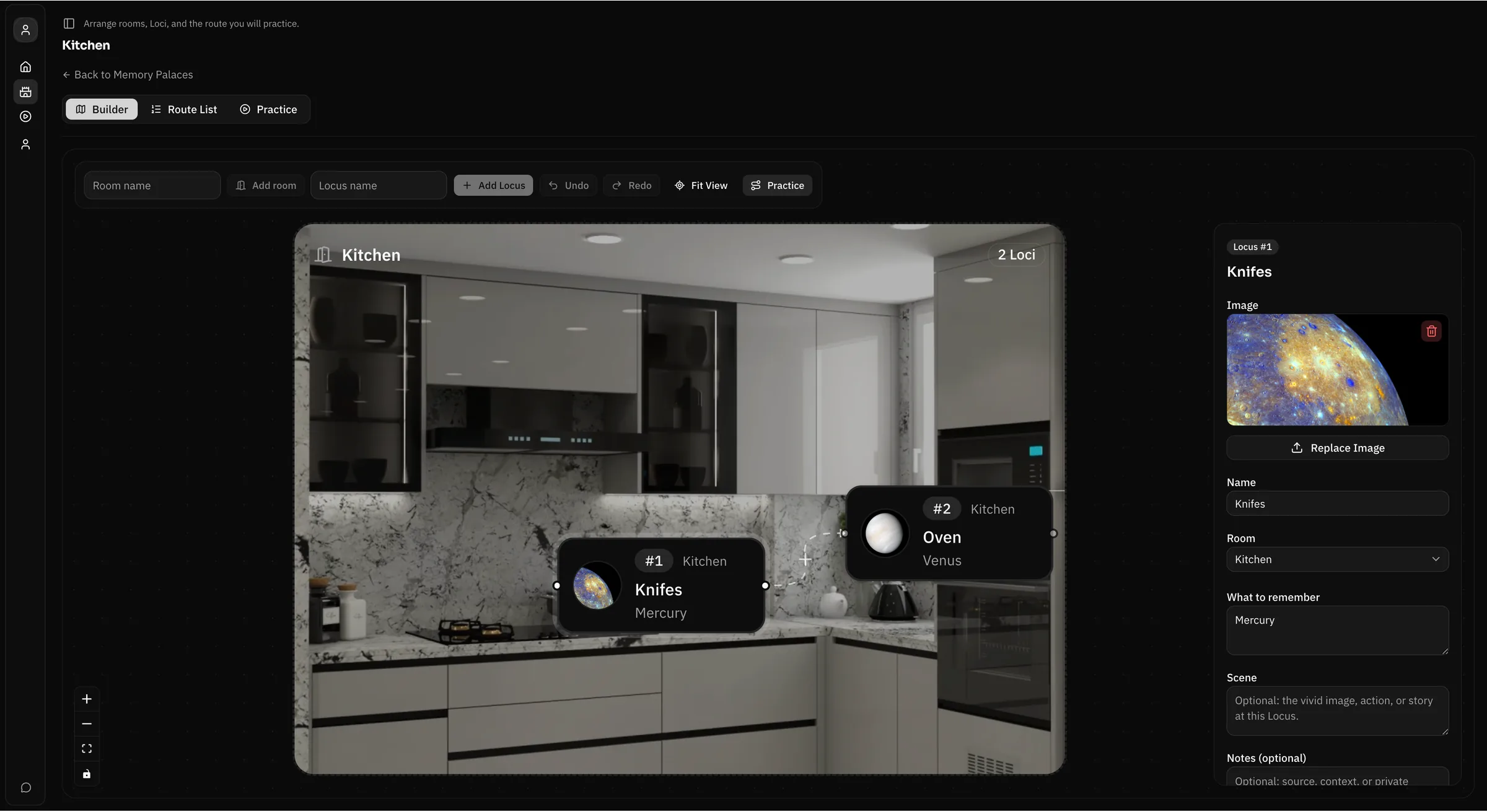 Lociplace builder showing a room photo with Loci placed on the image and a Locus inspector in dark mode.