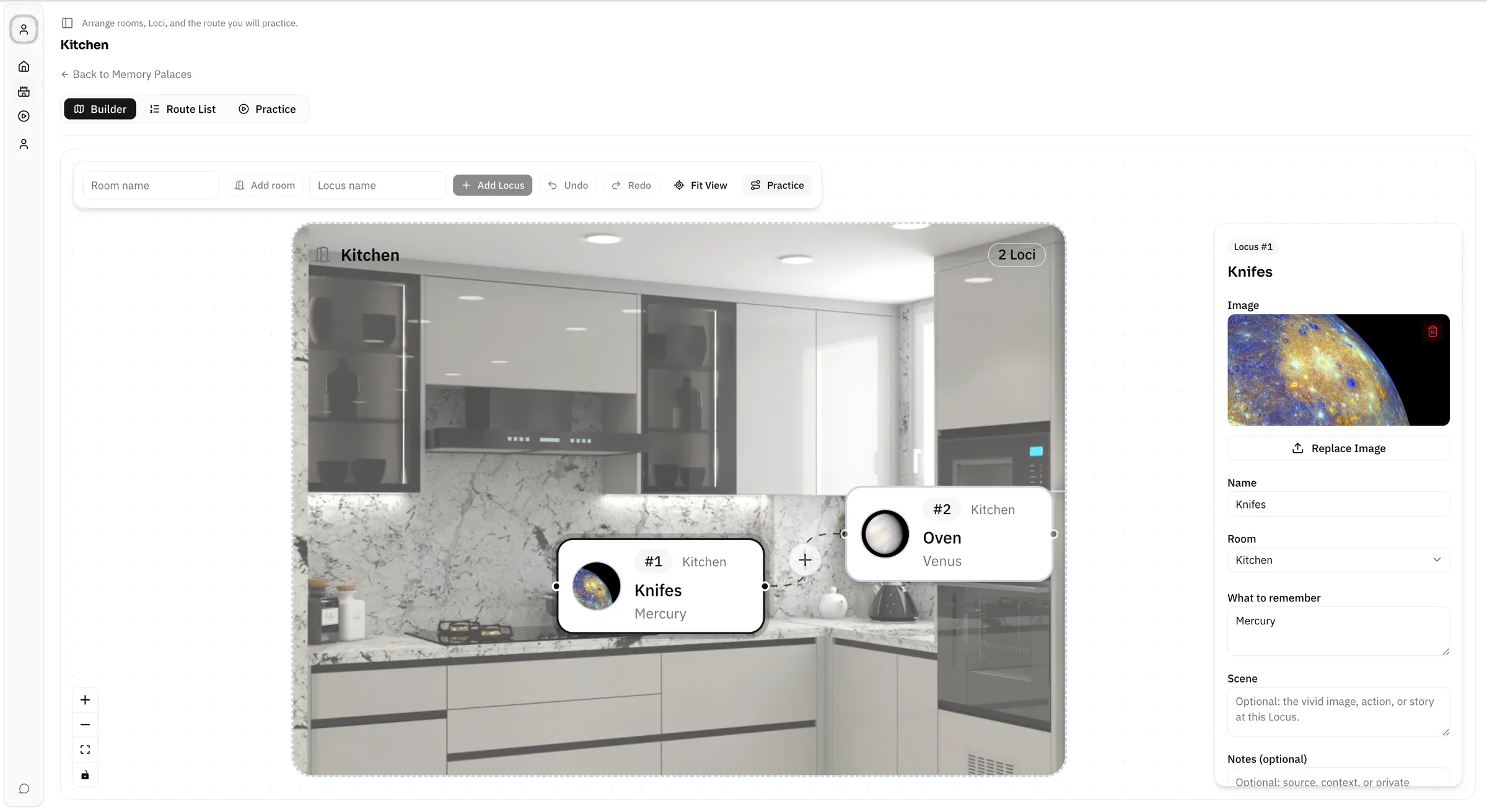 Lociplace builder showing a room photo with Loci placed on the image and a Locus inspector in light mode.