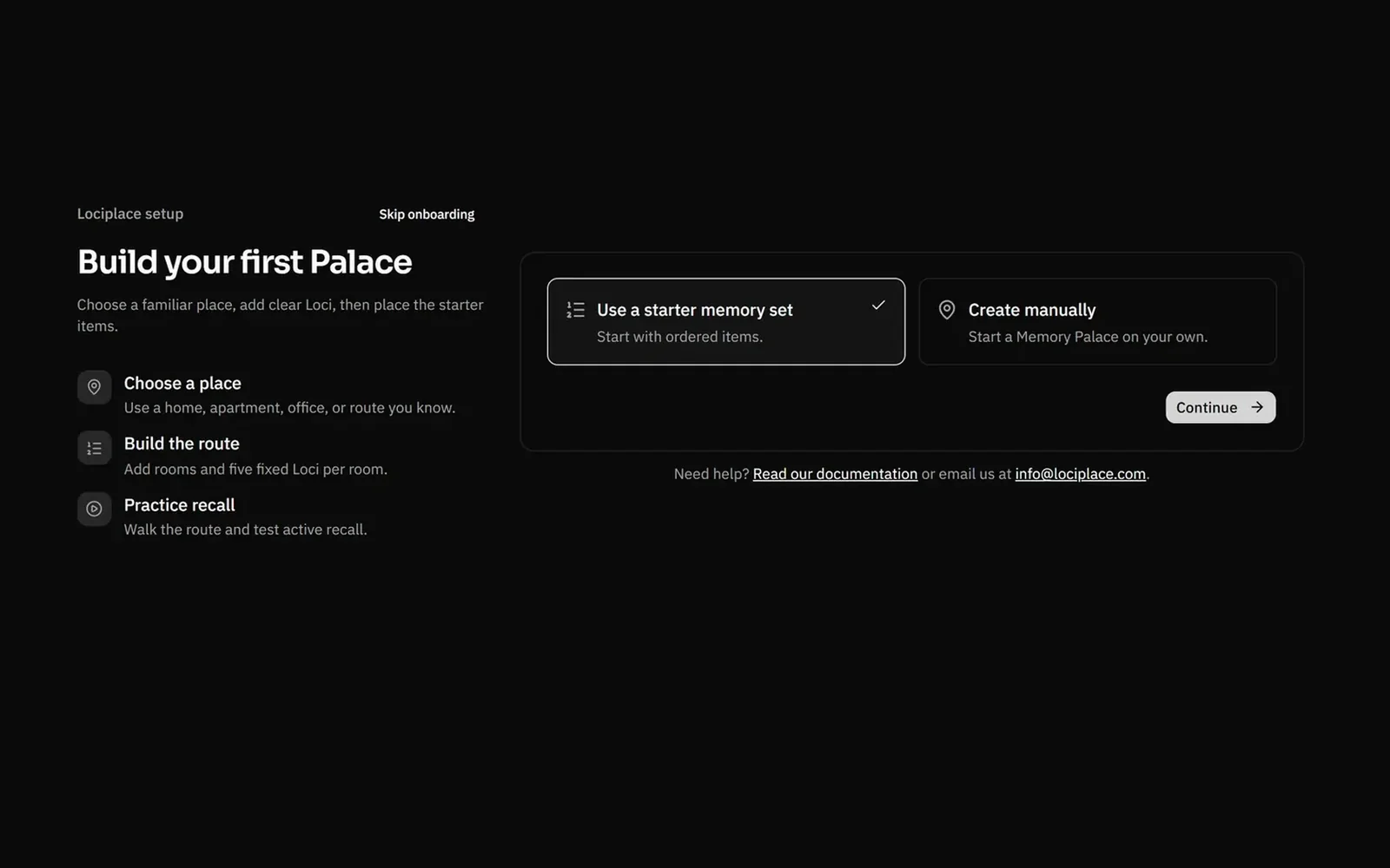 Lociplace onboarding screen for starting a Palace from a starter set or manually. Dark mode.