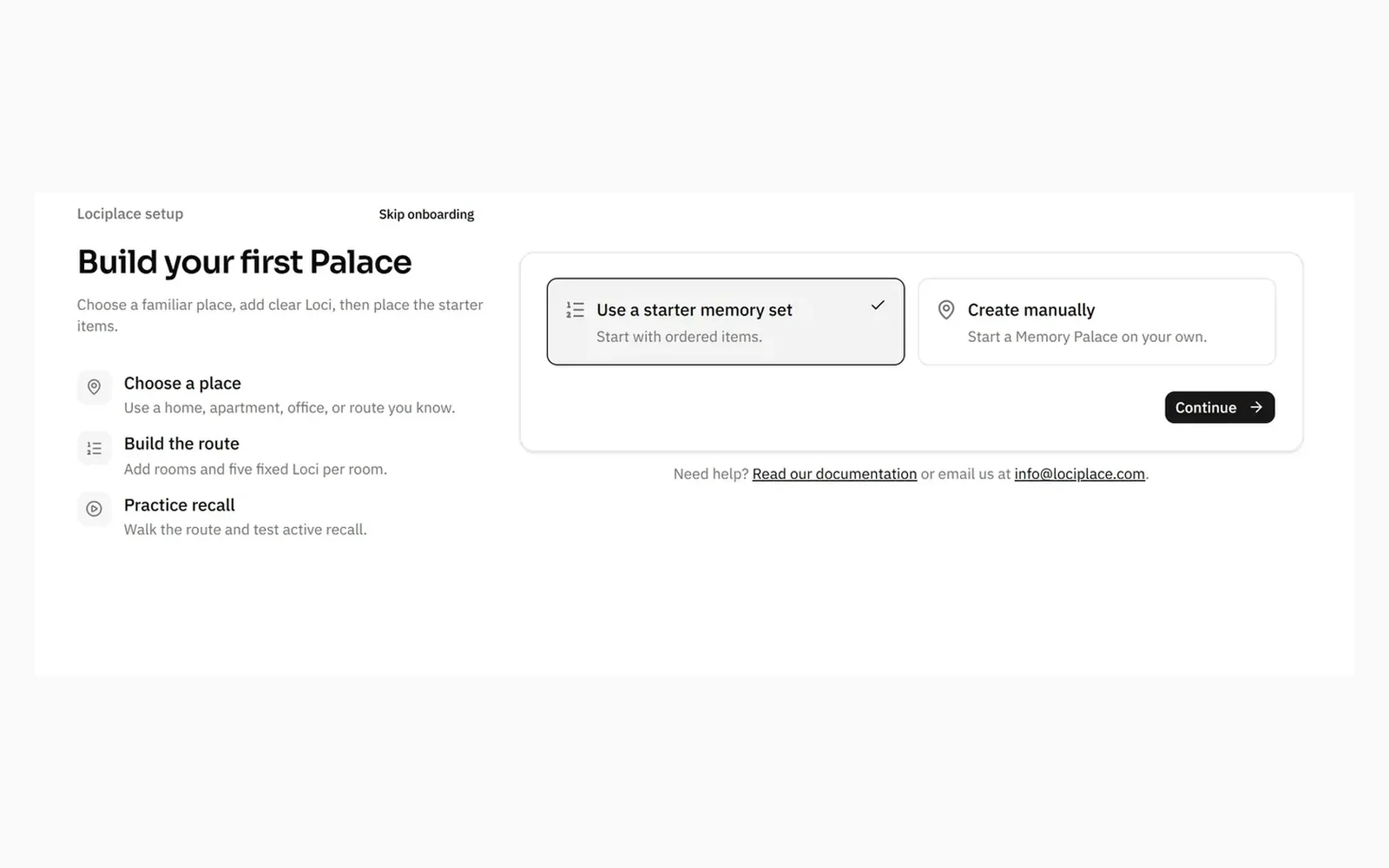 Lociplace onboarding screen for starting a Palace from a starter set or manually. Light mode.