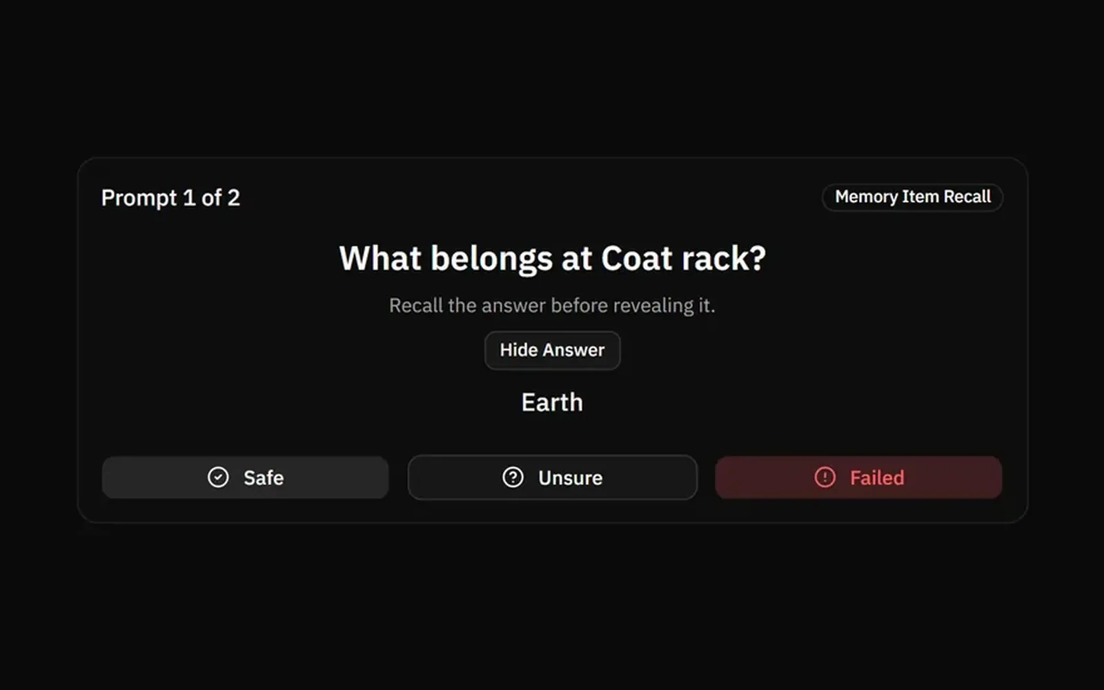 Lociplace Practice screen showing a recall prompt, revealed answer, and result marks. Dark mode.