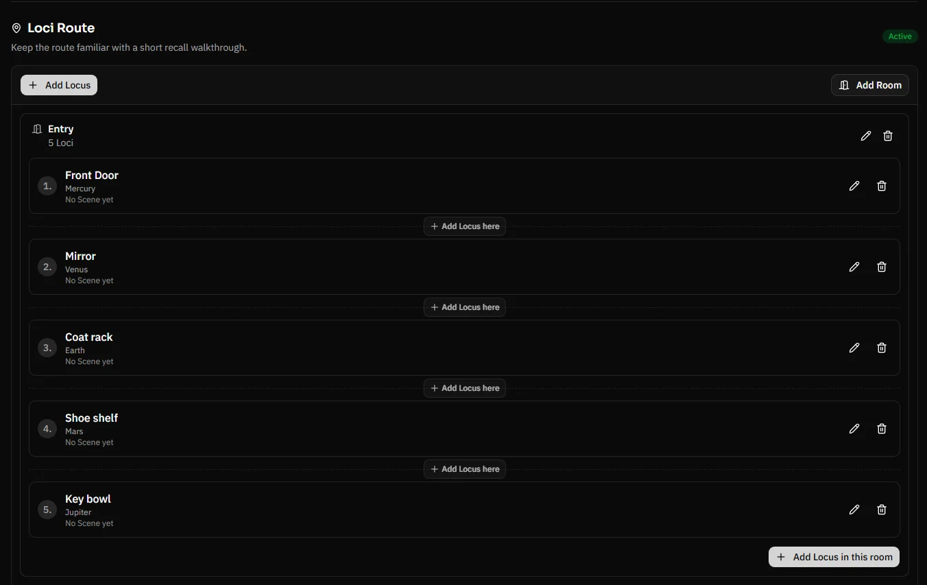 Lociplace Route List showing Loci grouped by room in walking order with add and edit controls. Dark mode.