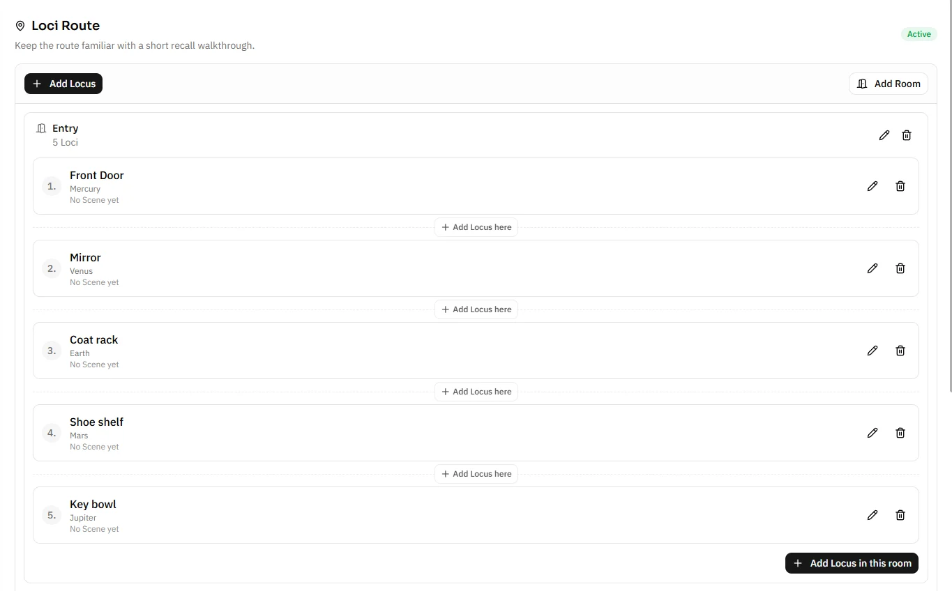 Lociplace Route List showing Loci grouped by room in walking order with add and edit controls. Light mode.
