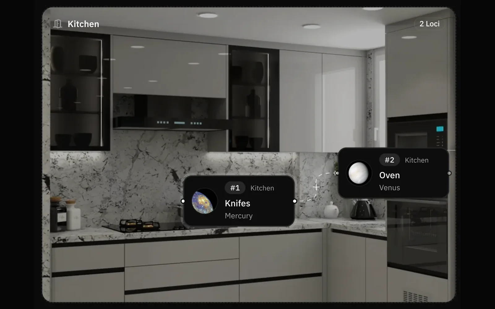 Lociplace Visual Builder showing a room photo with ordered Loci placed along the route. Dark mode.