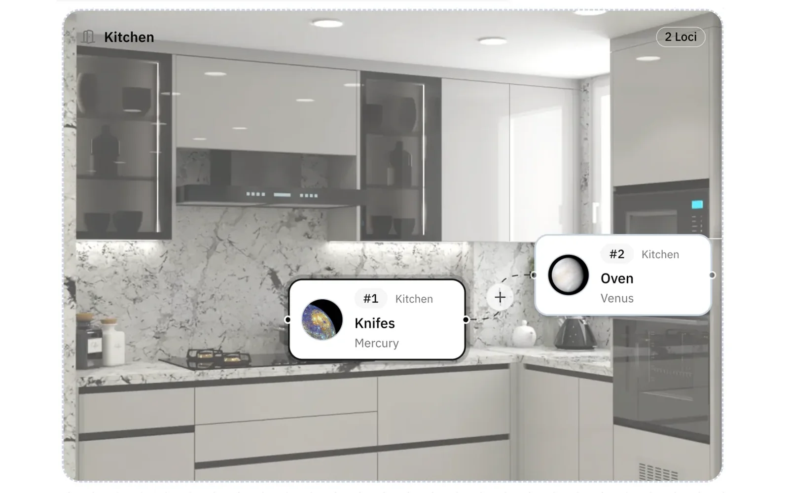 Lociplace Visual Builder showing a room photo with ordered Loci placed along the route. Light mode.